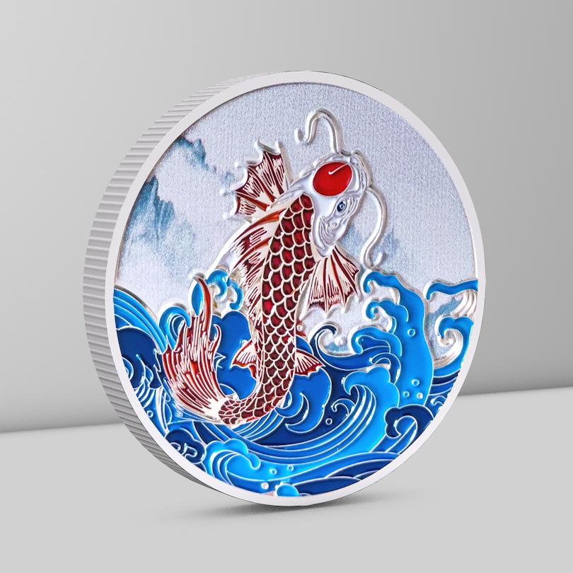 Medaille Koi Maskottchen Münze Gedenkmünze Metallfigur Neujahr Bemalte Münze Kleines Geschenk Abzeichen