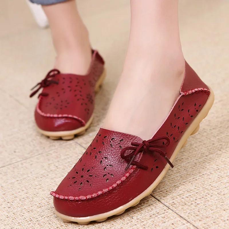 Fashion Sizes 34-44 Genuine Leather Flat Shoes Women Fashion Casual Nurse Shoes Hollow Soft Sole Non Slip Women's Shoes  Zapatos Mujer
