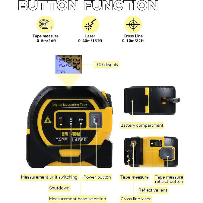 Laser Tape Measure, 3 In 1 Digital Laser Distance Meters with LCD Display & self-Locking Device, 131/ft40m Rechargeable Laser Measurement Tool & 5m