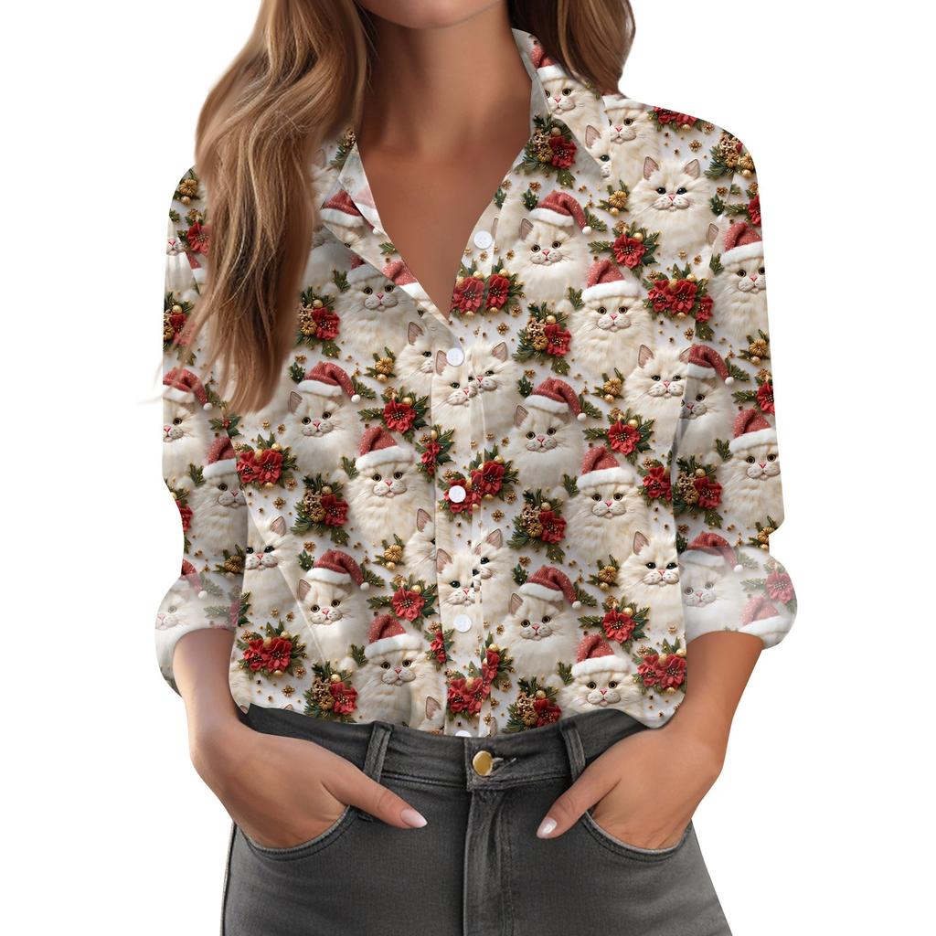 Women's Shirt Blouse Christmas Print Button Long Sleeve Casual Basic Shirt Collar Regular Top
