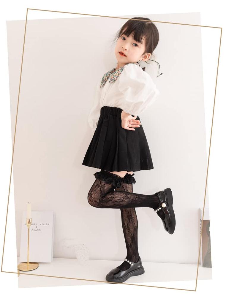 Kids Knee High Socks Girls Socks Set of 2 Ribbon Lace Formal Entrance Ceremonies Graduation Ceremonies Cute Girls Black White Black [InSomila] (L,
