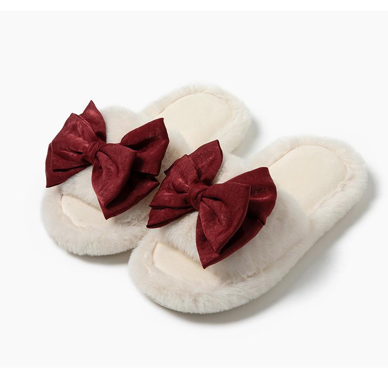 Ins Bow Open Cotton Slippers Winter Home Indoor Household Plush Slippers Warm Plush Slippers