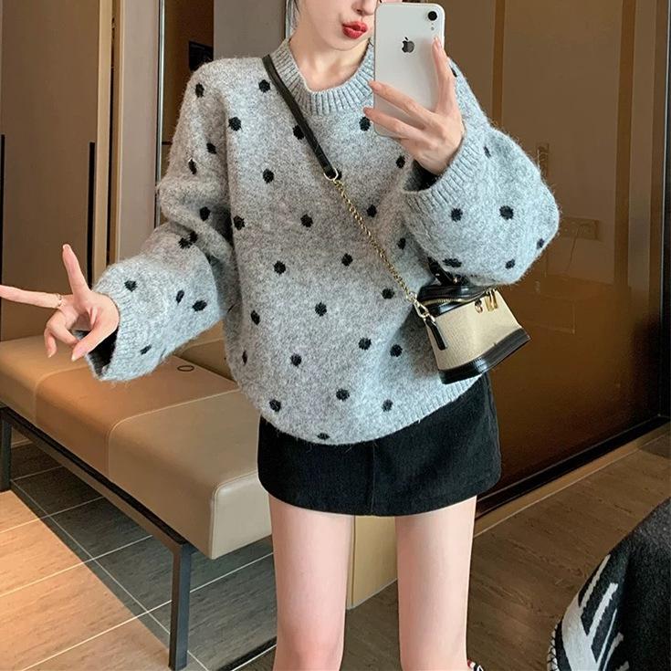 Korean crew neck pullover loose polka dot knitted sweater women's 1011 new autumn winter lazy style retro outerwear sweater