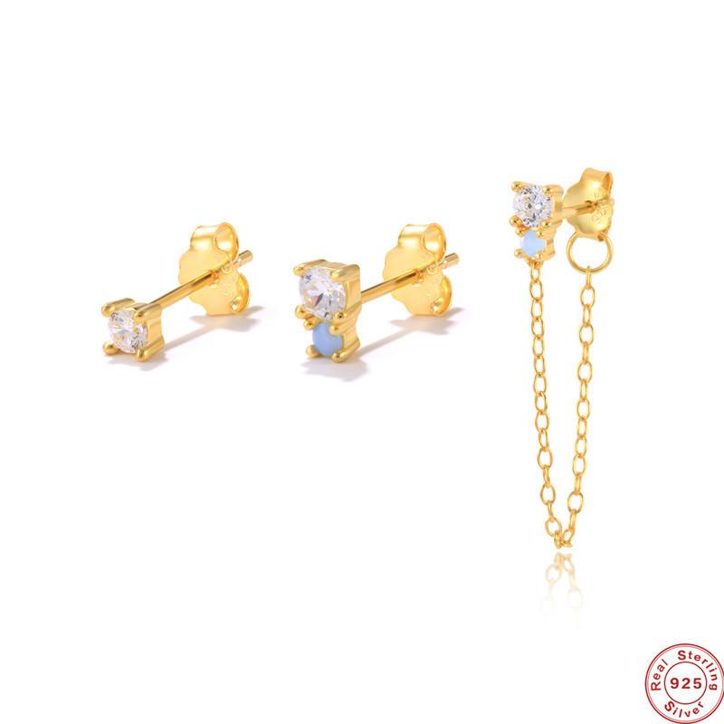 S925 Sterling Silver Stylish And Simple 3-Piece Set Asymmetric Chain Fringed Zircon Stud Earrings Earrings