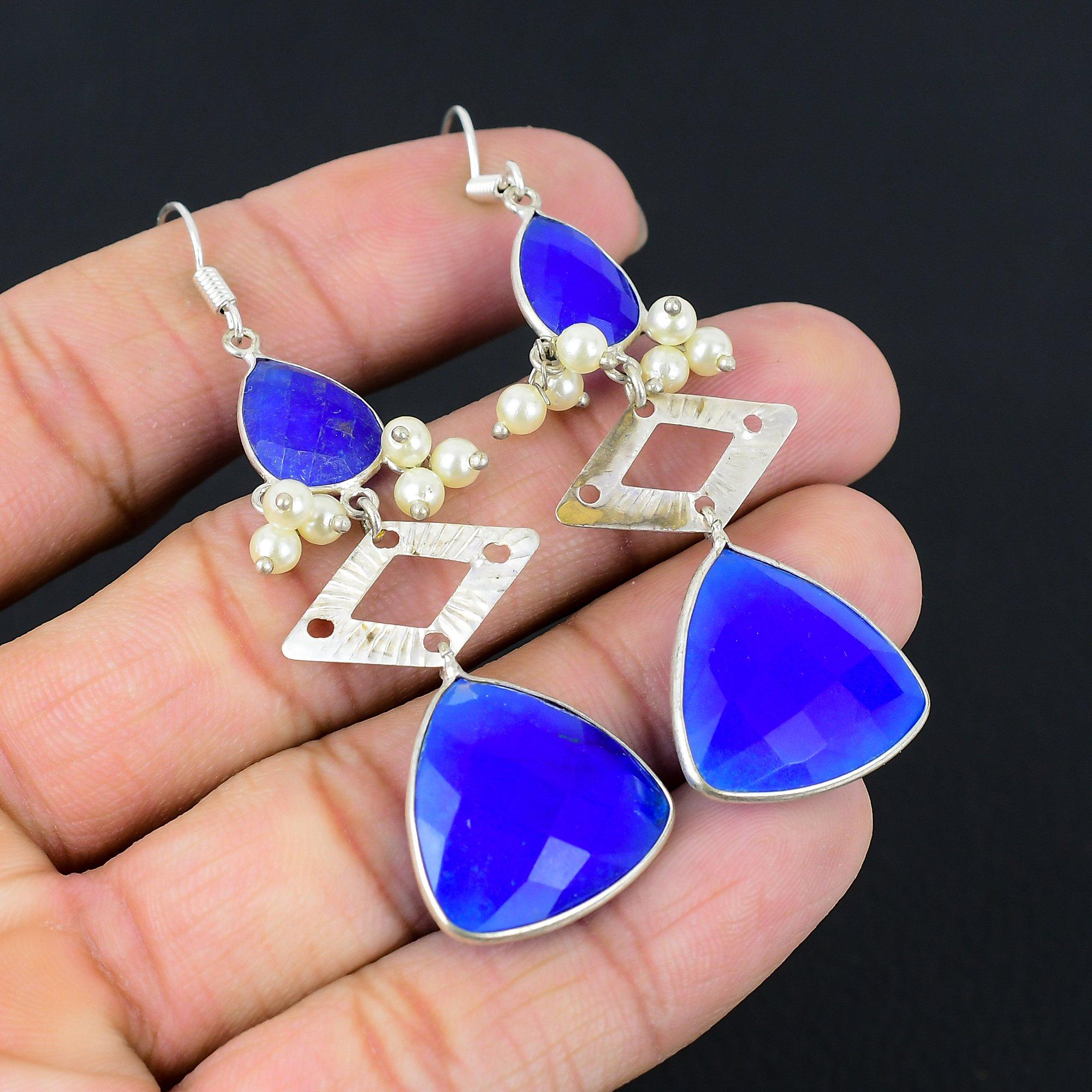 

Blue Sapphire Gemstone 925 Silver Art Deco Drop Dangle Handmade Earrings Jewelry