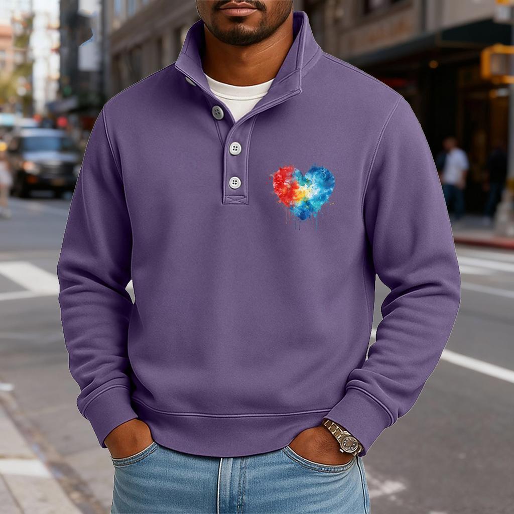 Men's Casual Stand-Up Collar Long-Sleeve Top Print Button-Down Sweatshirt