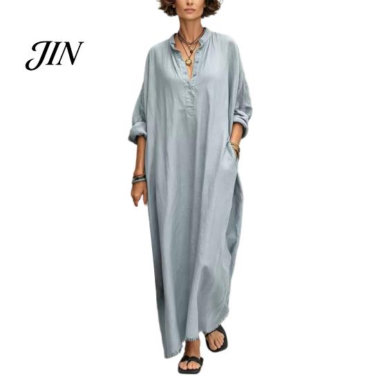 Women Summer Party Dress Maxi for Women, V-Neck Casual Oversized Boho Long Comfortable Daily Wear Dress, Sleeve Button Up Vacation Sundress