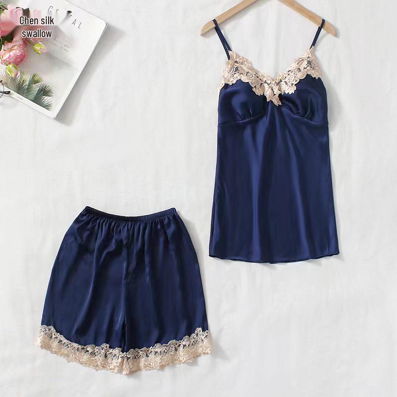 

Женский летний шелковый пижамный комплект: Комплект из 5 предметов: кофта с длинным рукавом, майка с кружевной отделкой, шорты и брюки XXL