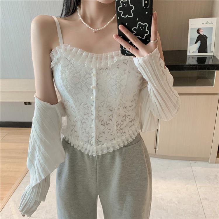 

Elegant Lace Pearl Strappy Tank Top with Chest Pads for Women One Size белый