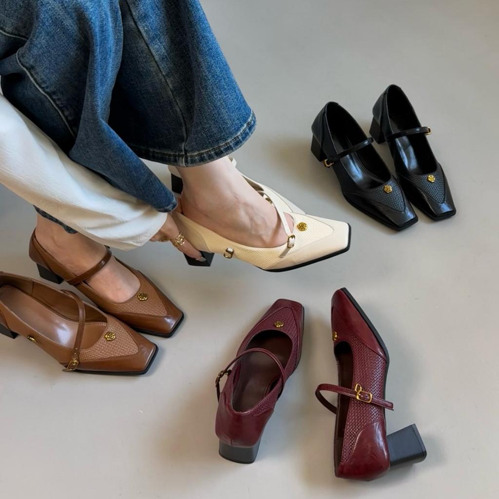 Camellia retro single shoes women's thick heels are not tired of feet Korean version niche high heels woven high-end shoes women's versatile