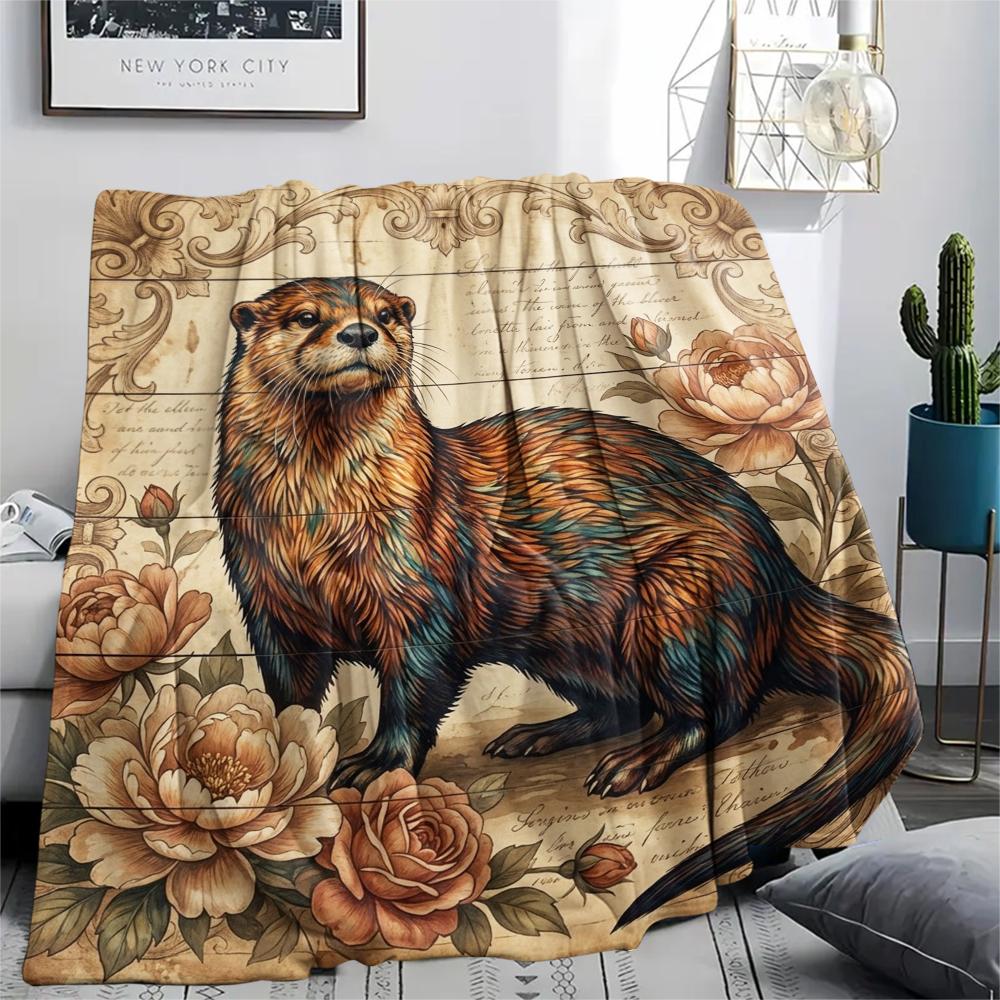 1PC Retro Floral Animal Print Flannel Blanket, High quality All Seasons, Home Decor, Warmth and Comfort, Perfect for Christmas Gifts