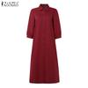 ZANZEA Women Casual Turn Down Collar Loose 3/4 Sleeve Solid Shirt Dress