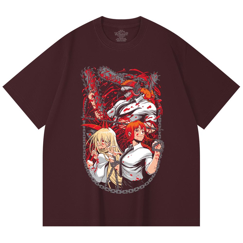 

230 Gsm 100% Cotton Chainsaw Man V20 Print Unisex Heavy Cotton T Shirt 2XL вина червоного кольору