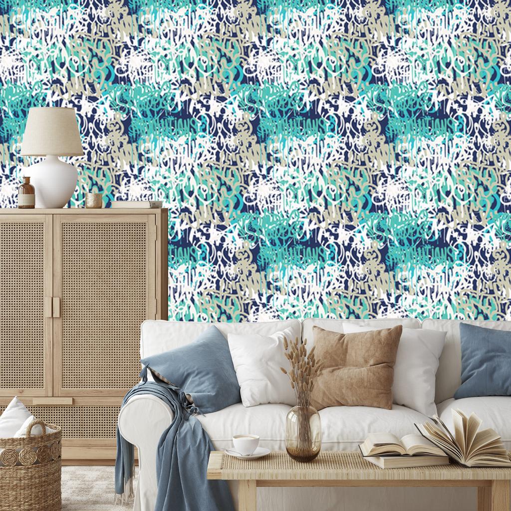 Graffiti Wallpaper In Shades of Blue for Living Room and Bedroom 50x1000