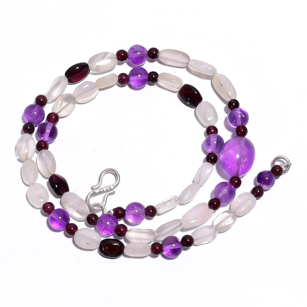 Natural Amethyst Moonstone Garnet Gemstone Smooth Beads Necklace 17" UB-4416 UB-4416