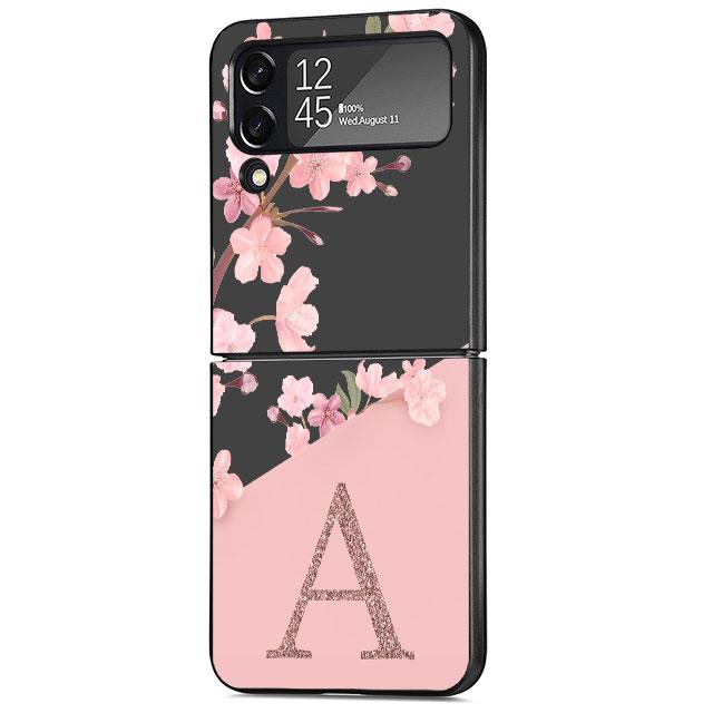 Flower Letter Pink Fashion Initial Cell Case For Samsung Galaxy Z Flip 3 5G 4 Fashion Z Flip3 Luxury Black Hard Phone Coque