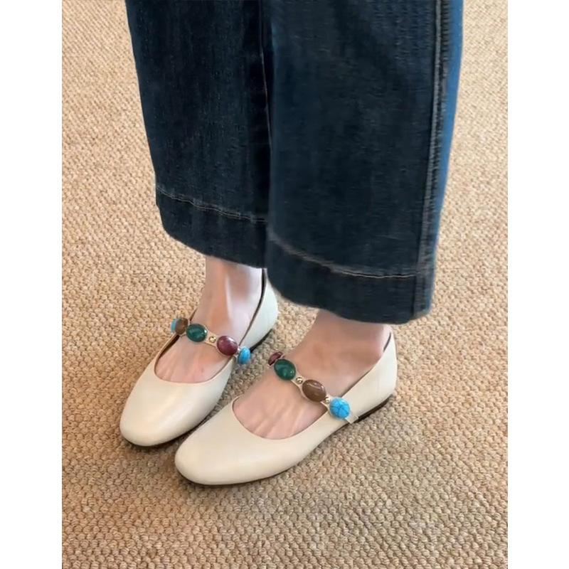 Sheepskin~ Genuine leather retro French shallow mouth one-word ballet single shoes women's flat commuting Mary Jane small leather shoes