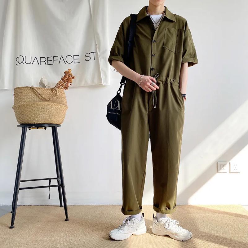 Men's Spring and Autumn Models Solid Colour Workwear Jumpsuit Nine Trousers Loose Half-sleeve Button Jumpsuit Trousers
