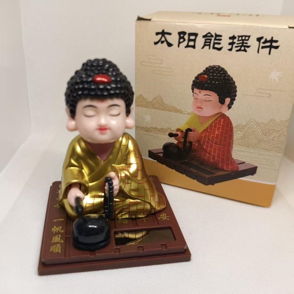 Solar Powered Buddha Car Ornament Nodding Motion Round Base Wooden Fish Figure Square Base Knocking Reciting Buddha Statue