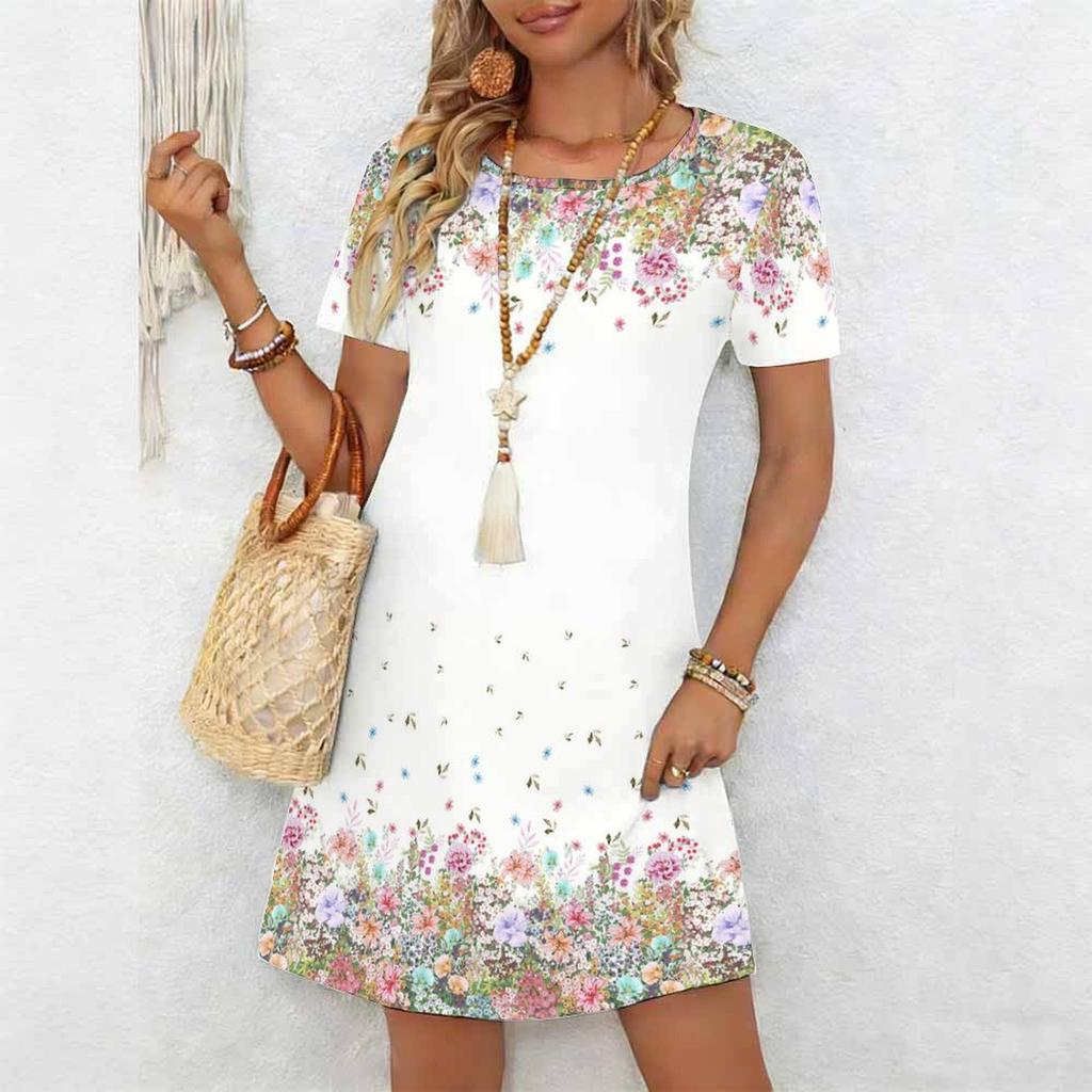 Ladies Oversized Round Neck Short Sleeve Dress Natural Floral Branch Print For Summer Outdoor Relax