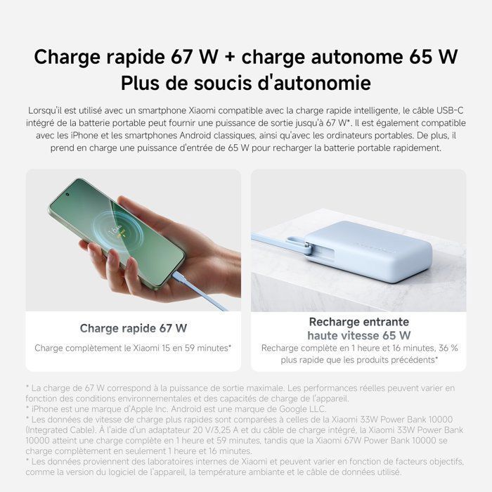 Xiaomi 67W Power Bank 10000 (Câble intégré) Bleu - 67W charge rapide - Câble USB‑C intégré - Autorisée avion <100Wh