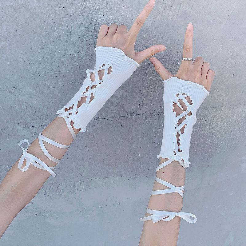 

Women Lolita Jk Lace Fingerless Gloves Black Gothic Diy Strapping Sunscreen Sleeve Clothing Accessories Elastic Mesh Punk Gloves