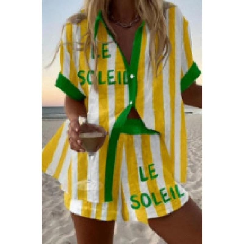 Sommar Ny Dam Tryckt Kortärmad Skjorta Set Hög Midja Löst Tryckt Shorts Tvådelat Casual Mångsidigt Set