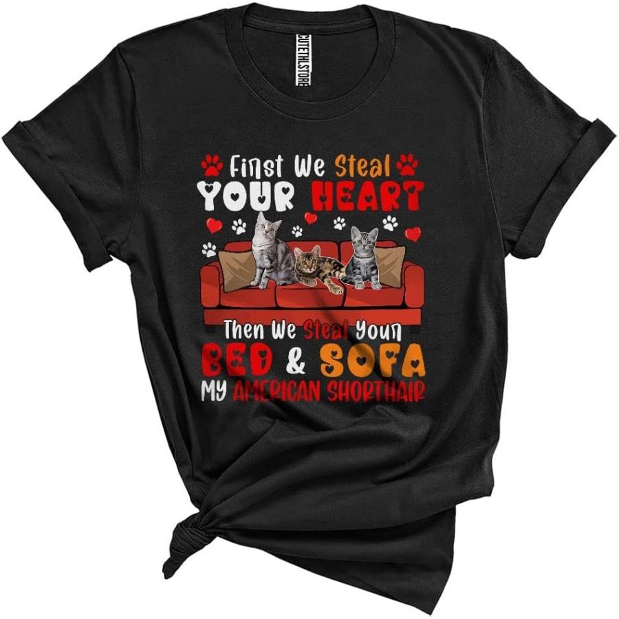 First We Steal Your Heart Then Your Bed and Sofa Funny Cute Valentine American Shorthair Cat Paws Unisex T-Shirt Black XXXXXL разноцветный