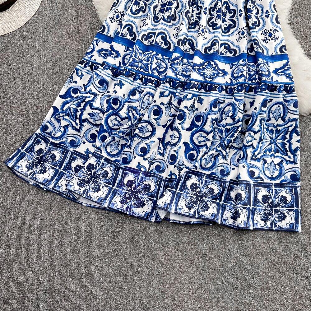 Fashionable Suit Female Casual Celadon Print Concord Vest + High Waist Shows Thin Big Set Skirt Two Pieces