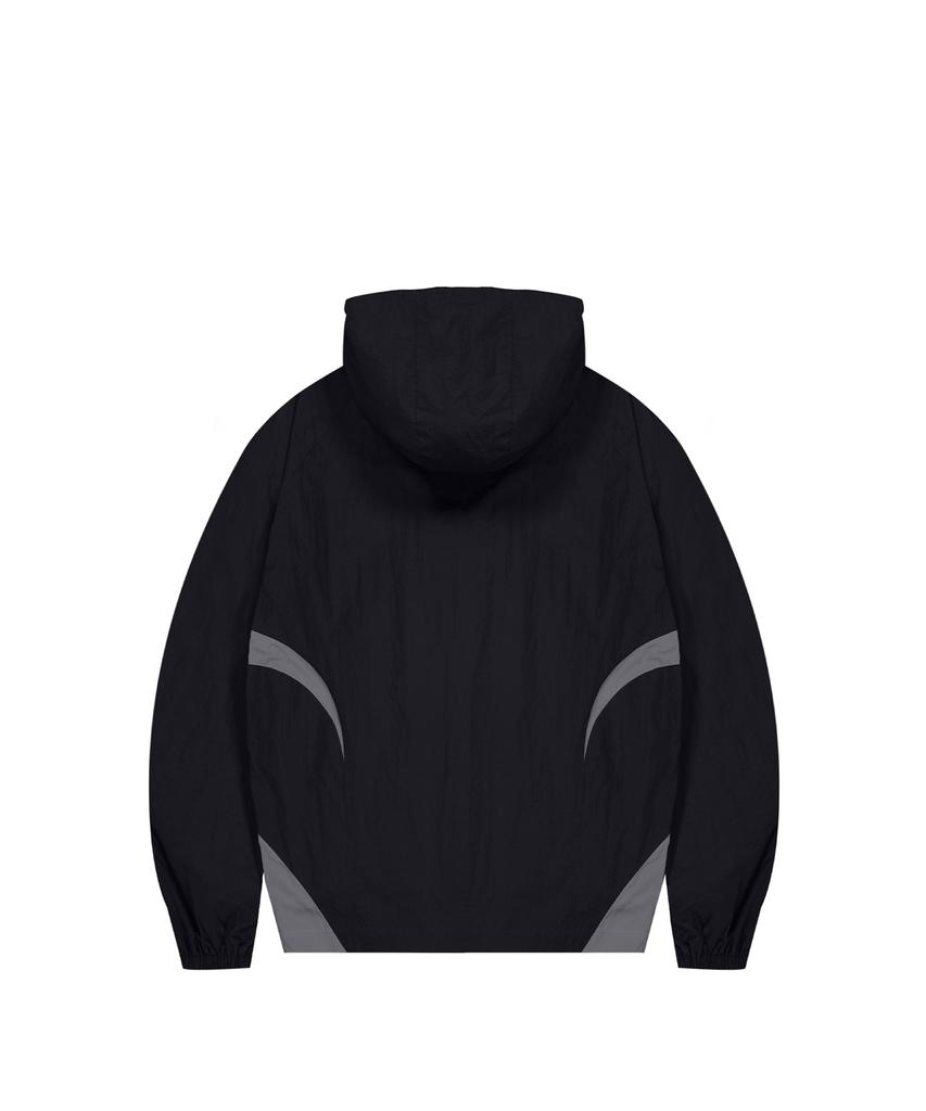 STANDARDERROR 87-Stan267 Nylon Shoulder Track Color Block Curved Hood Windbreaker Black