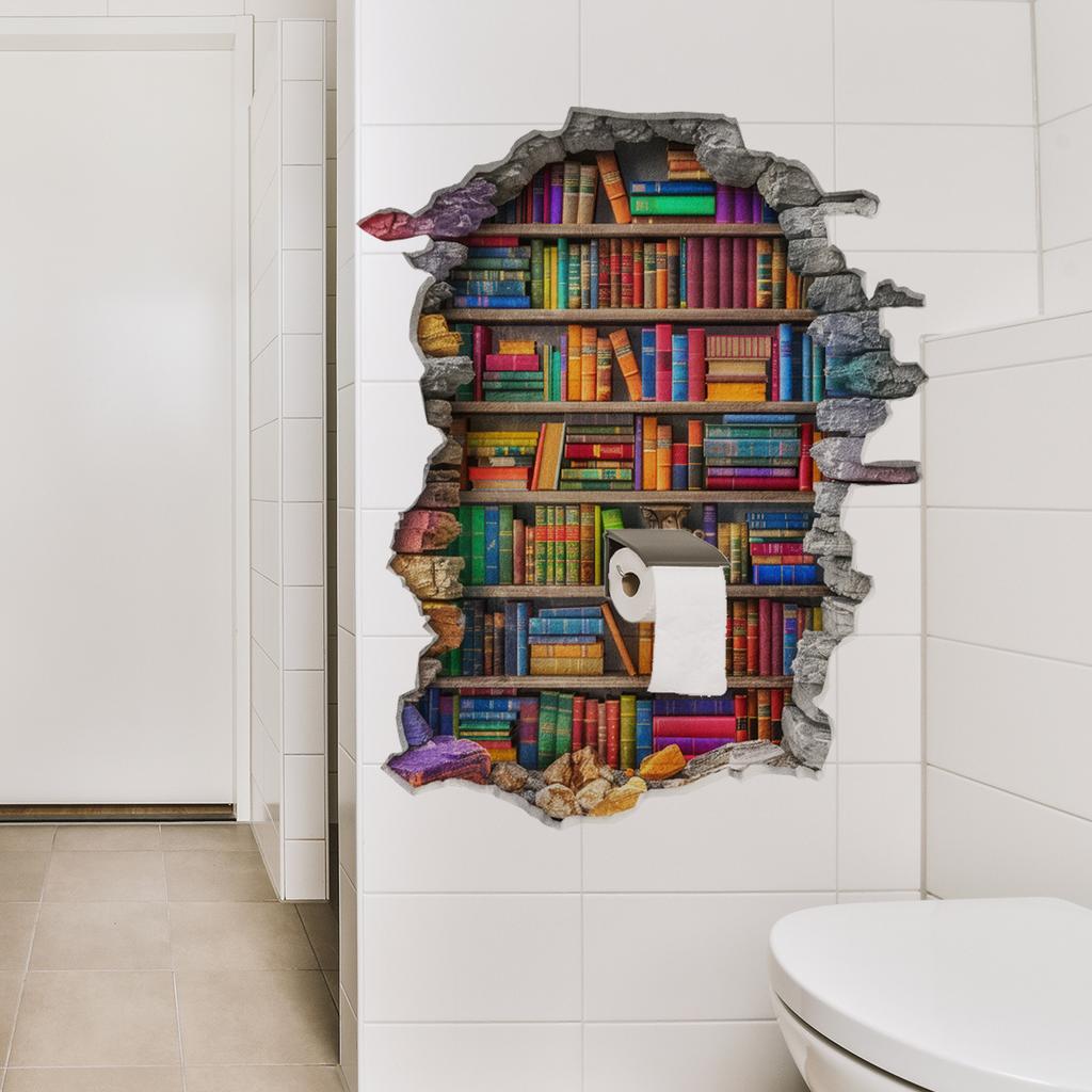 3D Broken Wall Bookcase Wall Stickers, Self-Adhesive Decor for Study Room Door Living Room Bedroom Background Decoration