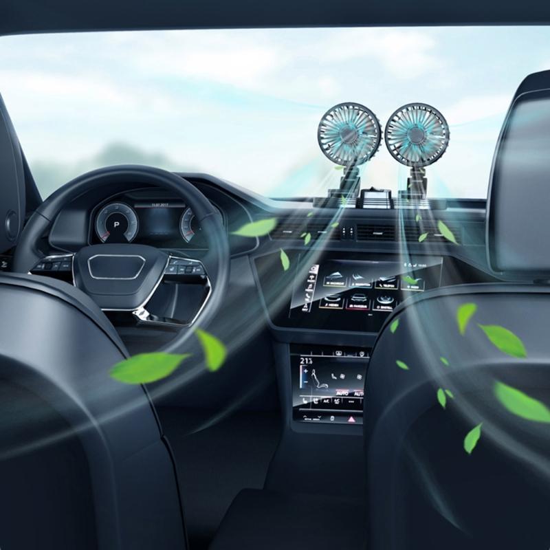 Car Dual Head Fan 360° Rotation 2 Gear Adjustable Cooling Fan for Vehicles Office Dashboard Mount USB Powered Cooler Fan