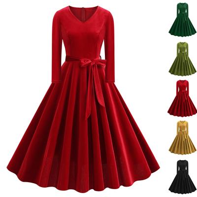 Kadın Gündelik Moda V Yaka Uzun Kollu Retro Noel Baskılı Retro Elbise