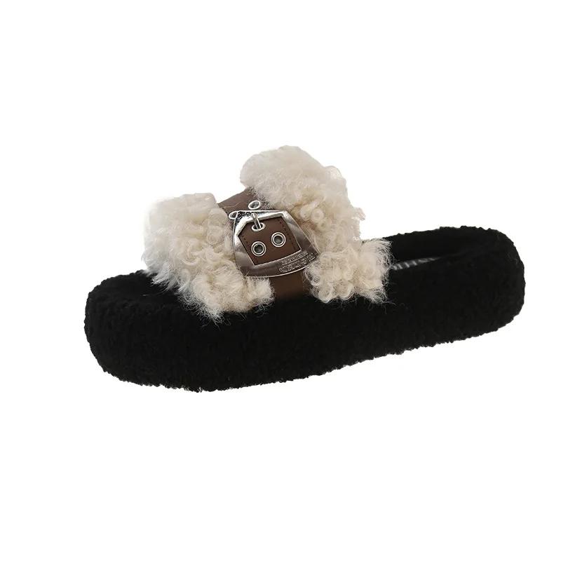 Fashion 2024 Winter Women's Thick Bottom Belt Buckle Slippers Outdoor New Round Head Warm Plush Cotton Slippers
