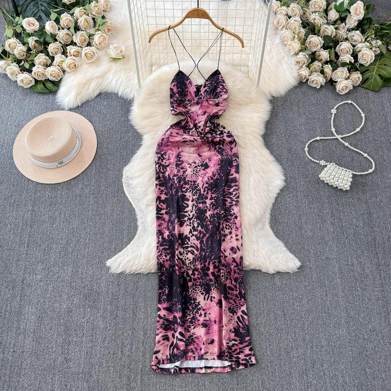 

Fashion Sexy Leopard Print Sling Dress Sanya Vacation Bag Arm Dress Pure Desire Wind Sexy Seaside Backless Dress Pink Black S