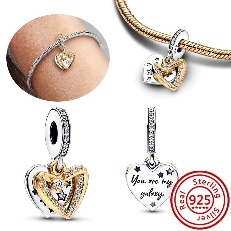 Fit Original Pantaro Charms Bracelet 925 copper Two-tone Heart Ring Mom Tree Bicycle Star Castle Candle Golden Beads DIY Zircon