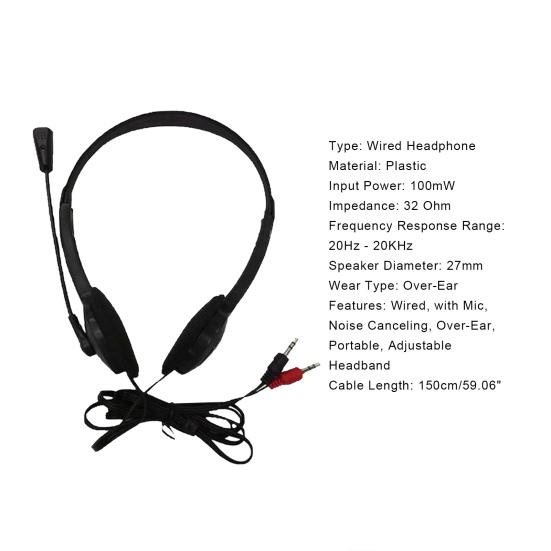 Wired Headphone Universal with Mic Plastic 3.5mm Over-ear Stereo Headset for Home