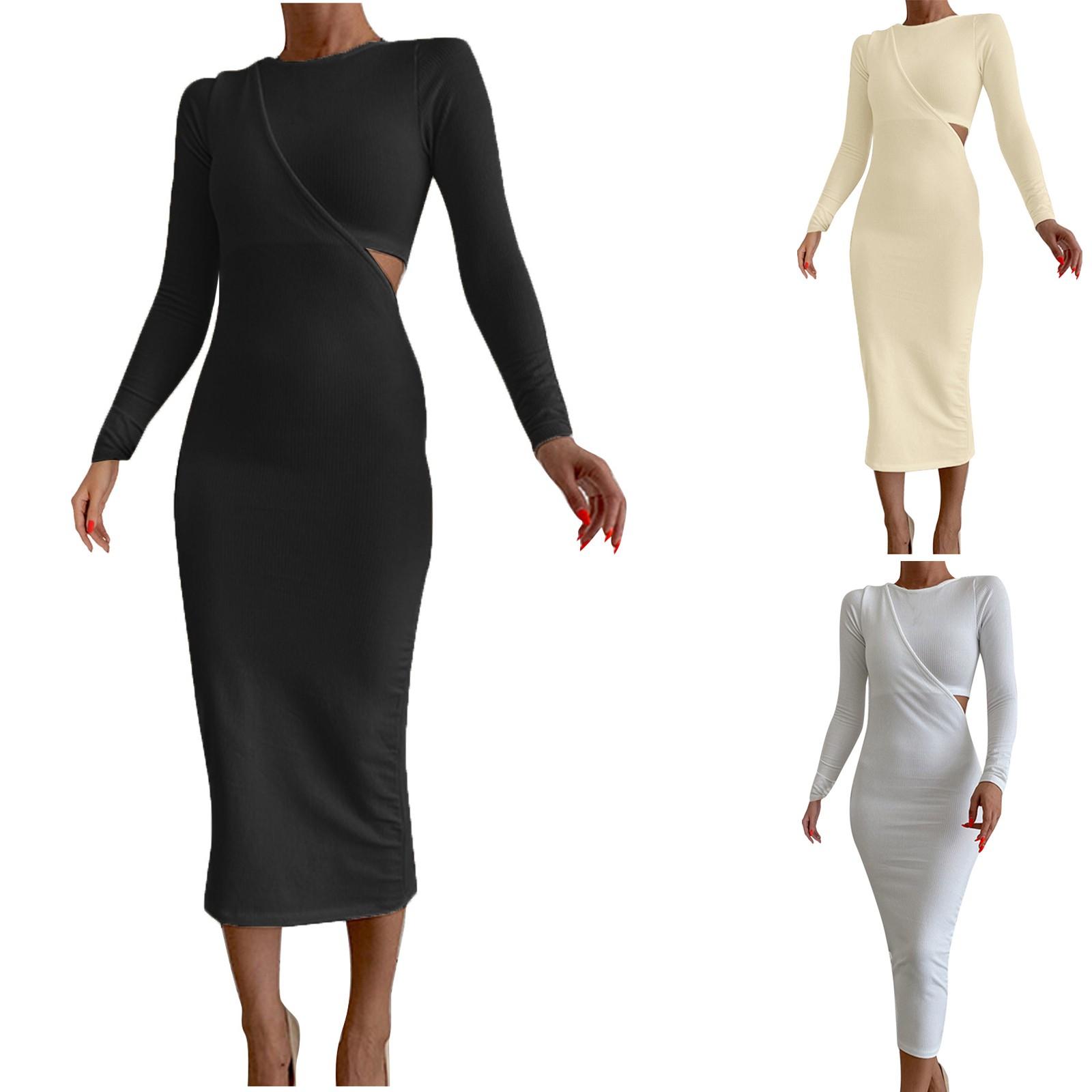 

Women s Hollow Patchwork Slim Solid Round Neck Long Sleeve Midi Dress