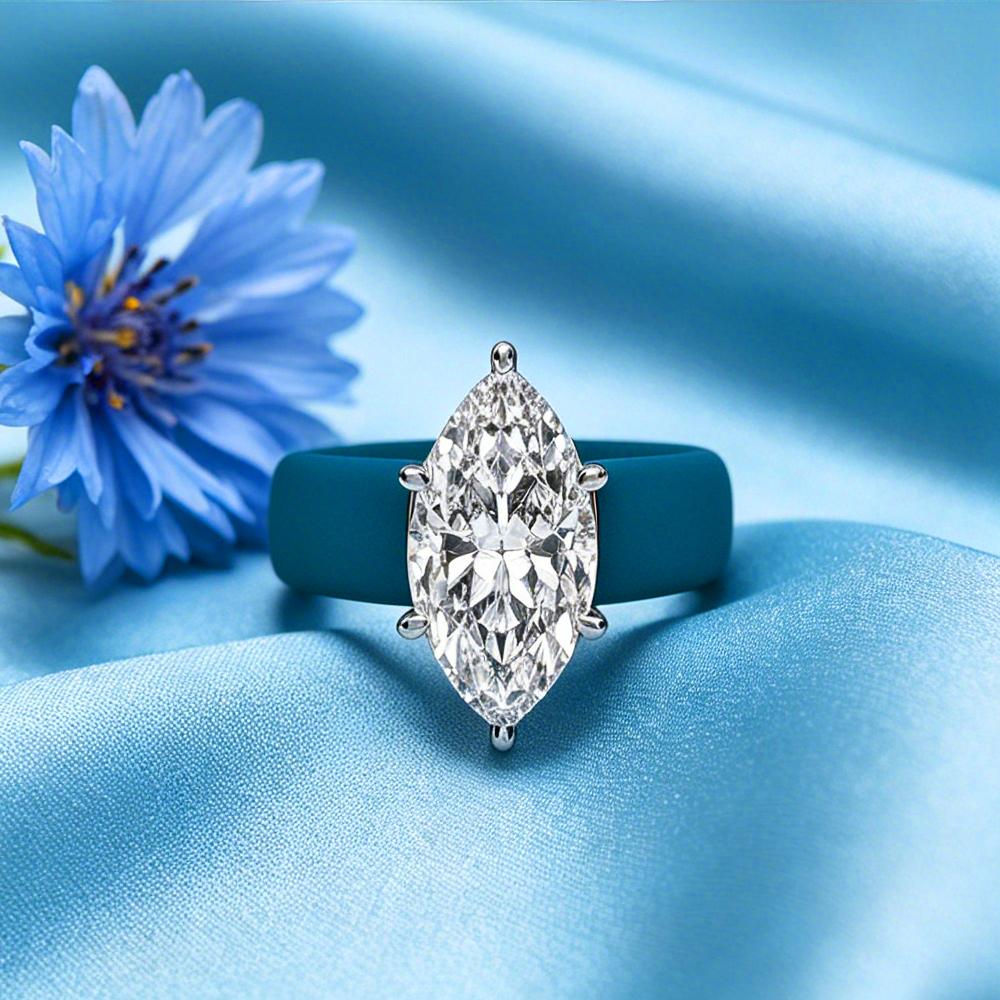 Teal Blue Silicone CZ Ring for Women, Marquise Cut Cubic Zirconia with White Gold Prongs, Daily Wear Casual Fashion Jewelry Gift