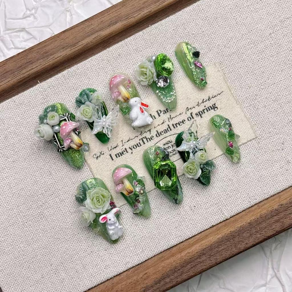 Square Press On Nails Almond Fake Nails French Tip False Nails with 3D Design Full Cover Acrylic Glue On Nails Artificial Stick On Nails for Women