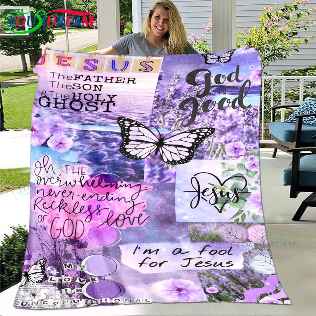Fashion Bible Verses Jesus Pattern Blanket Flannel Thin Blanket Portable Home Travel Office Lunch Break Blanket Birthday Gift
