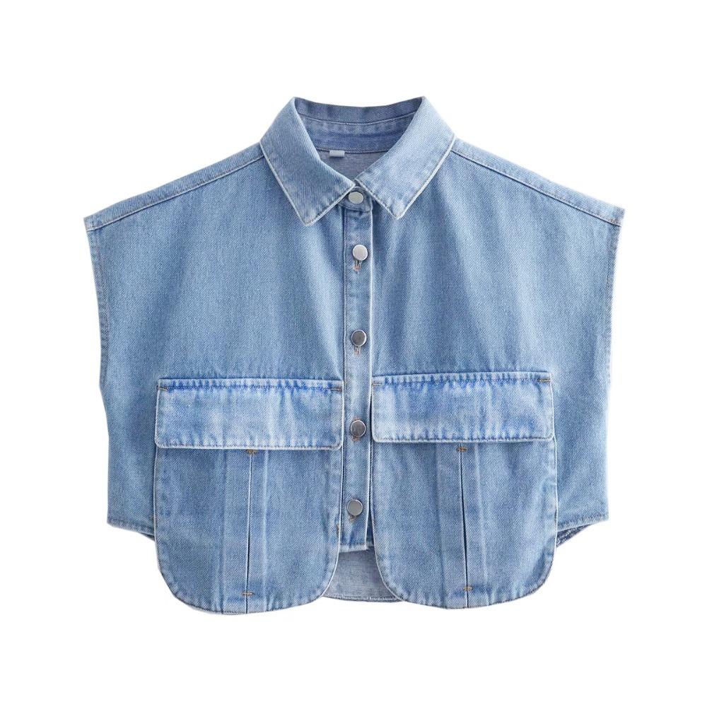 

with Large Pocket Female Short Blouses Sleeveless Loose Denim Shirts Cropped Denim Shirt Women S
