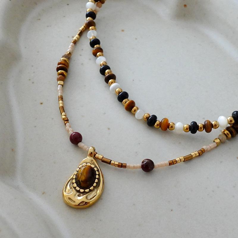Tiger'S Eye Beaded Halskjede Maillard Oval Premium Genserkjede Titanium Stål Vintage Coffee Naturstein Clavicle Chain