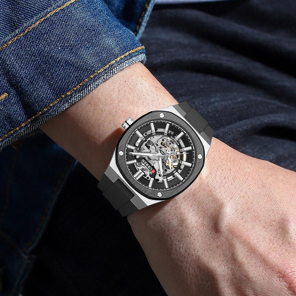 CURREN Men Automatic Mechanical Original Waterproof Silicone Strap Luminous Business Fashion Clock