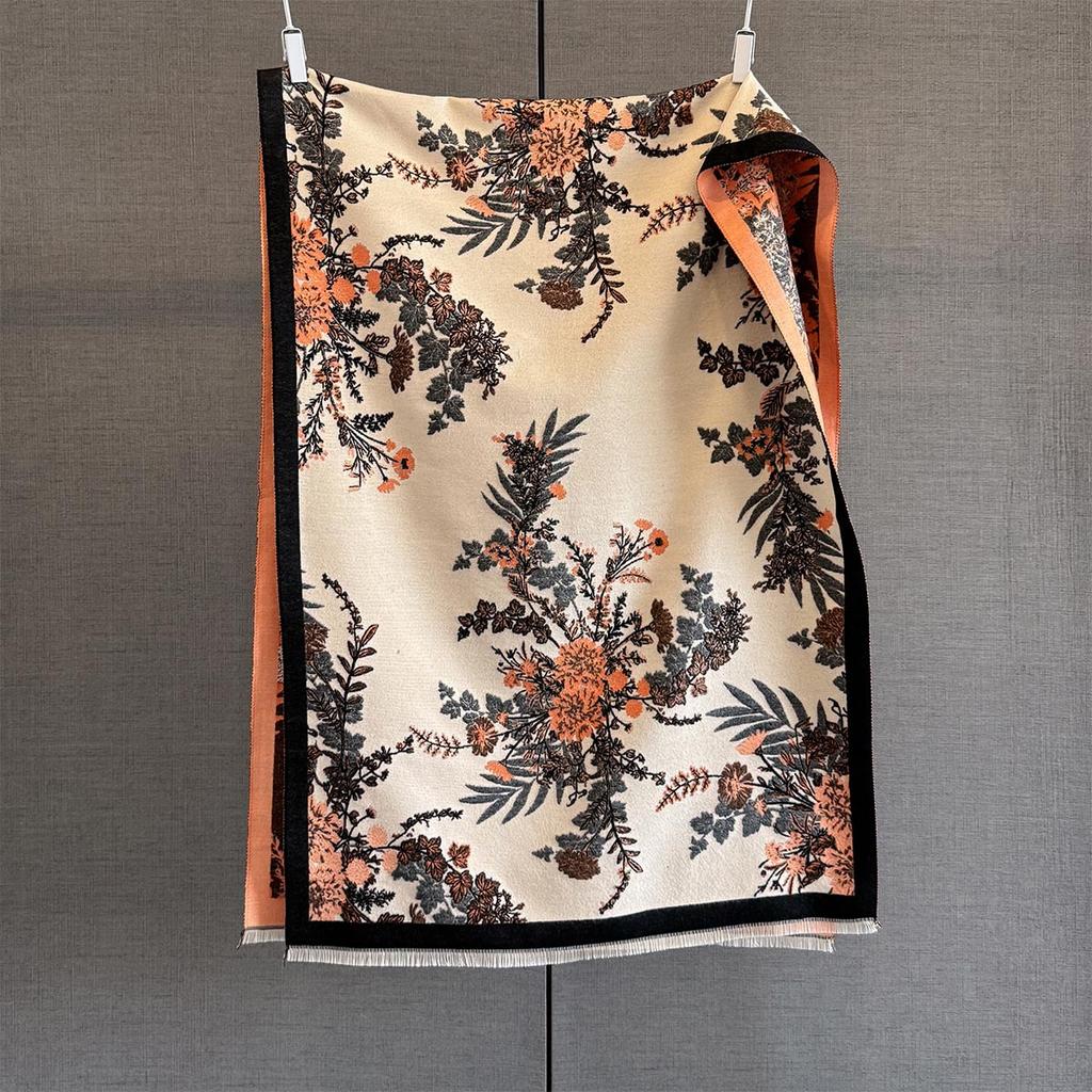 Autumn new retro style plant flower imitation cashmere scarf women's thickened warm medium and long jacquard shawl scarf