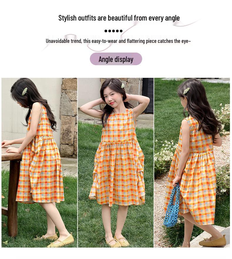 Girls' Summer Plaid Sleeveless Dress: Korean Style Loose Princess Dress for Middle and Older Children