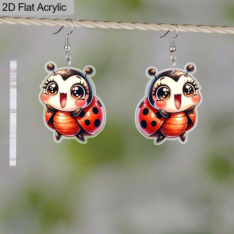 2D Flat 1 Pair Seven-Spotted Ladybug Acrylic Earrings, Lightweight and Unique, Perfect for Everyday Wear, Vacations, Gifts, and Other Occasions.