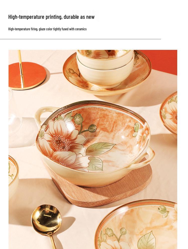 Jasmine 8-Inch Double-Ear Ceramic Bowl – Japanese Style Soup, Salad, or Fruit Bowl with Creative Underglaze Design
