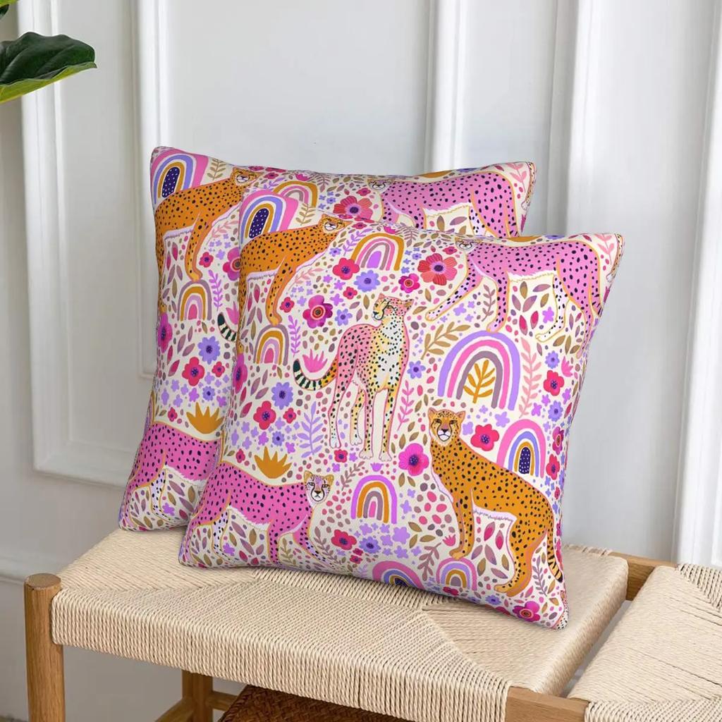Cheetah’S In A Rainbow Garden 2 Pcs Square Pillowcase Pillow Cover Cushion Zip Decorative Comfort Throw Pillow For Home Car