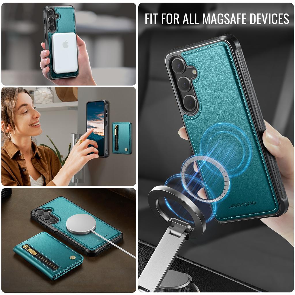 For Samsung Galaxy S24 Case JEEHOOD J12 Magnetic Detachable Zipper Wallet Kickstand Leather Back Cover Magnetic Case